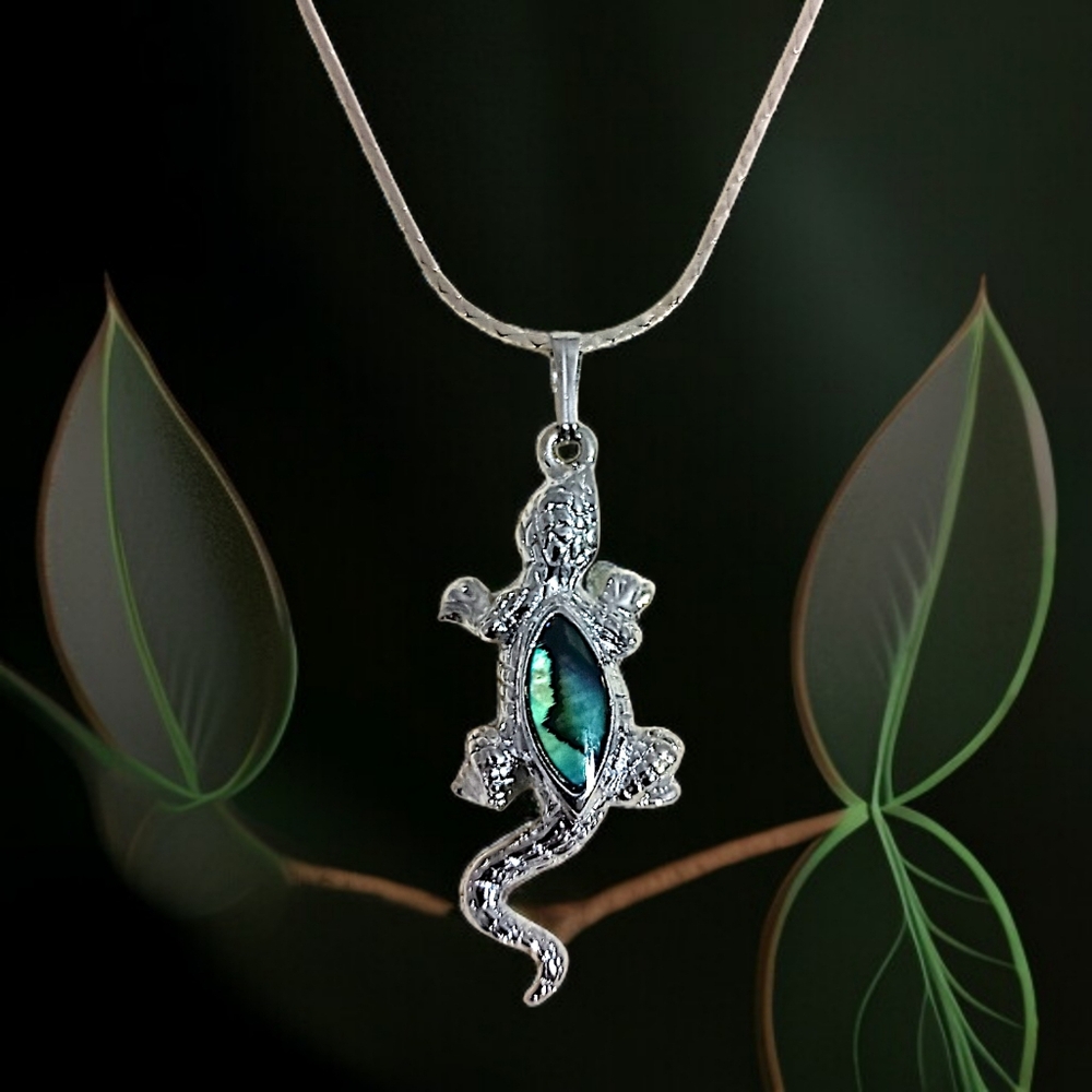 Vintage Lizard Gecko‎ Pendant Necklace Silver Tone Shell Glass Abalone Inlay - Picture 12 of 16